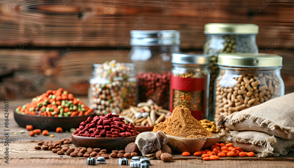 Composition with pet food and different products on wooden background Composition with pet food and different products on wooden background