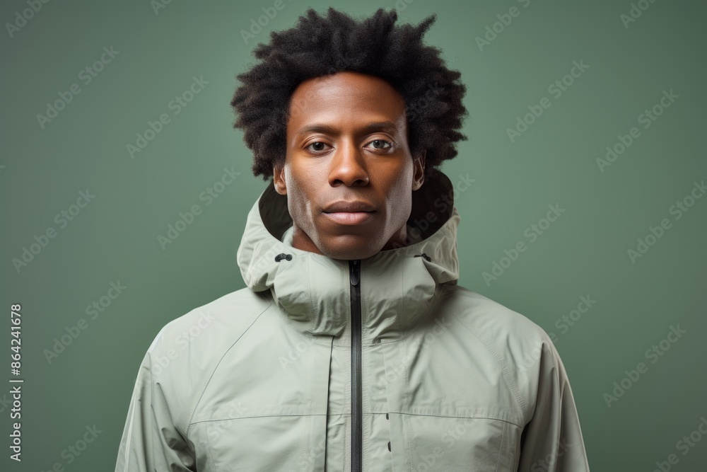 Fototapeta premium Portrait of a content afro-american man in his 30s wearing a windproof softshell in front of modern minimalist interior
