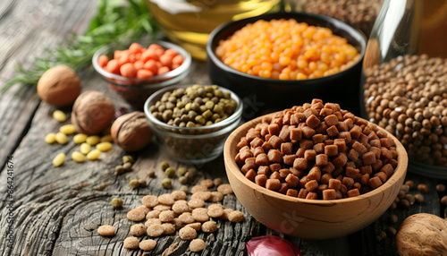 Composition with pet food and different products on wooden background