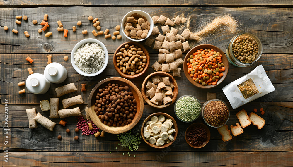 Composition with pet food and different products on wooden background Composition with pet food and different products on wooden background