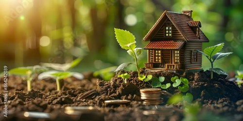 Greenhouse coins represent economic sustainability in housing through technology and funding. Concept Economic Sustainability, Green Housing Technology, Housing Funding, Greenhouse Coins