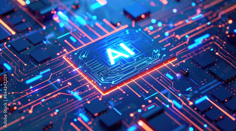 Abstract Blue Circuit Board with Glowing 'AI' Text. Artificial Intelligence and New Technology Background Abstract Blue Circuit Board with Glowing 'AI' Text. Artificial Intelligence and New Technology Background
