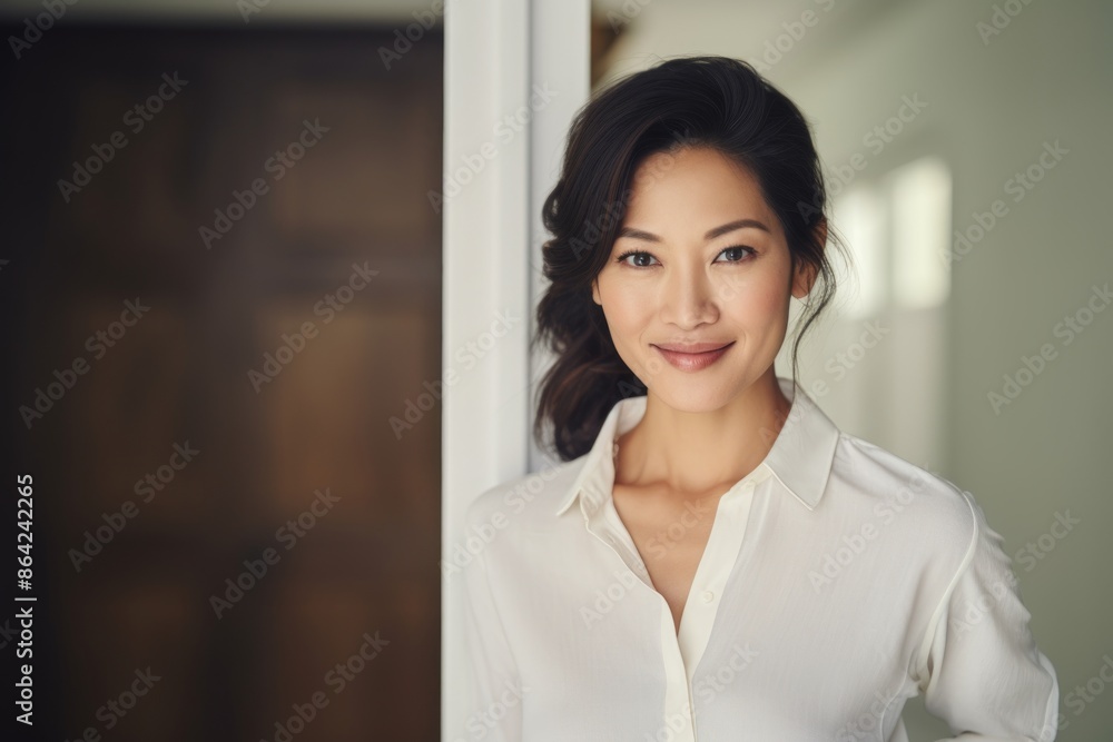Portrait of a tender asian woman in her 40s donning a classy polo shirt while standing against modern minimalist interior Portrait of a tender asian woman in her 40s donning a classy polo shirt while standing against modern minimalist interior