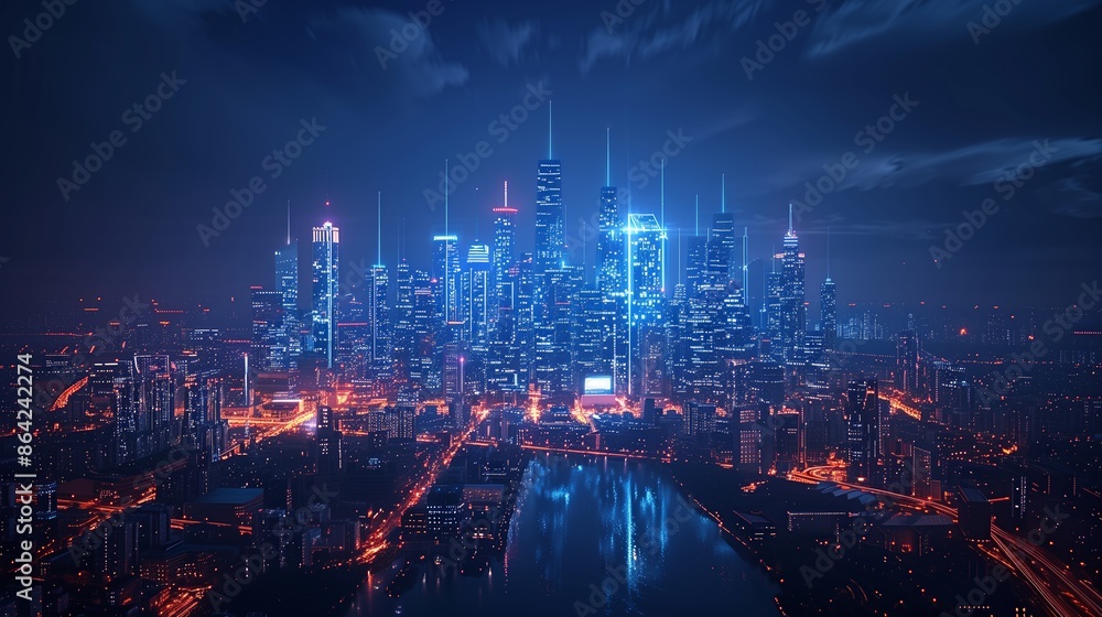 Fototapeta premium Nighttime Aerial View of a Modern City Skyline