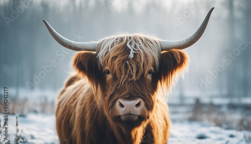 Portrait of a highland cattle in the frost of a winter morning. smoke coming out of its nose, copy space for text. © abu