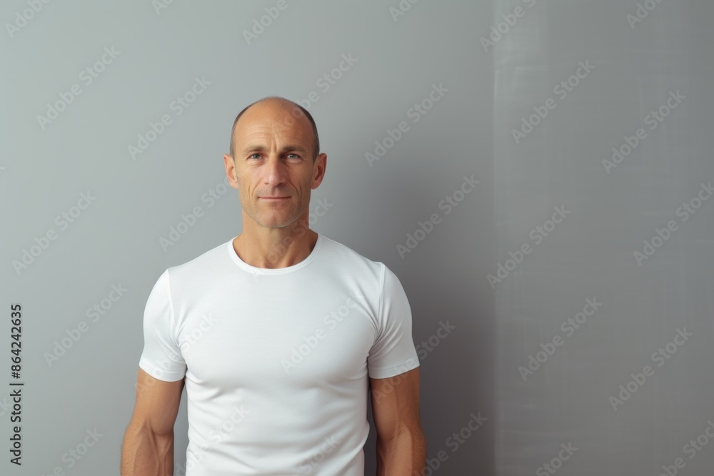 Portrait of a tender man in his 40s sporting a breathable mesh jersey isolated on modern minimalist interior Portrait of a tender man in his 40s sporting a breathable mesh jersey isolated on modern minimalist interior