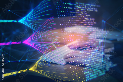 Wallpaper Mural Close up of guy hands using keyboard with creative big data lines on dark background. Technology and innovation concept. Double exposure. Torontodigital.ca