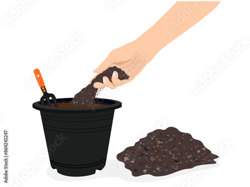 Soil for planting plants in the hands of a woman.