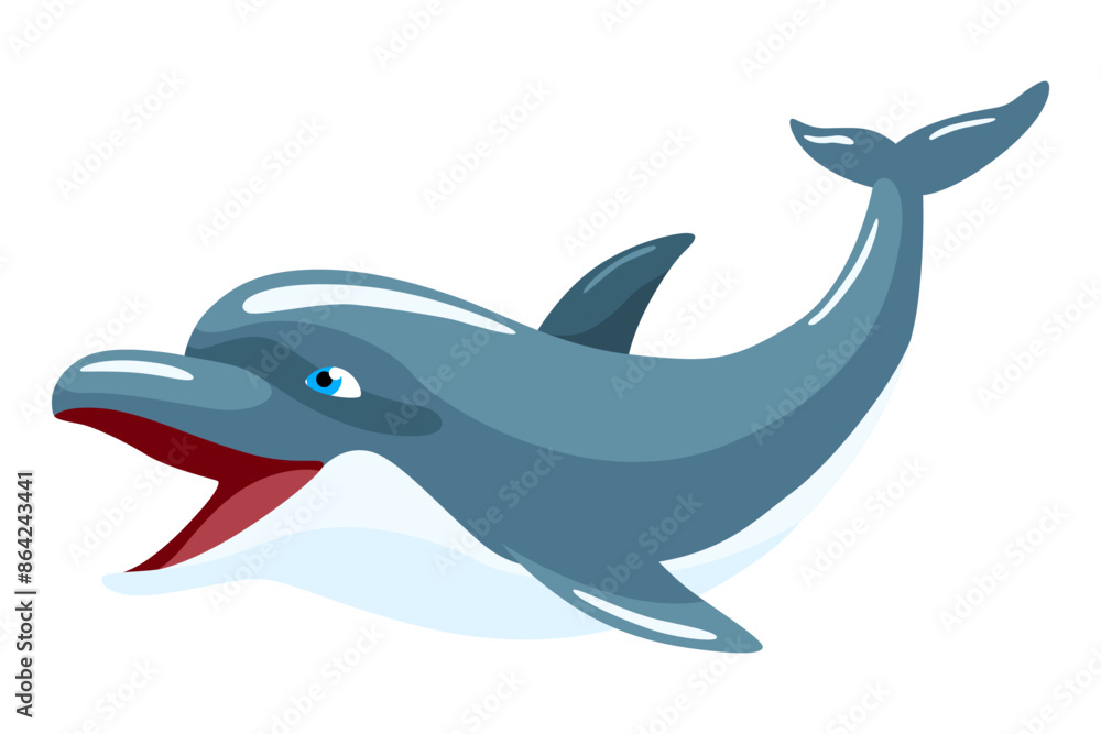 Obraz premium Dolphin cartoon character. Ocean mammal in motion isolated on white. Wild nature animal. Vector illustration of sea life blue fish