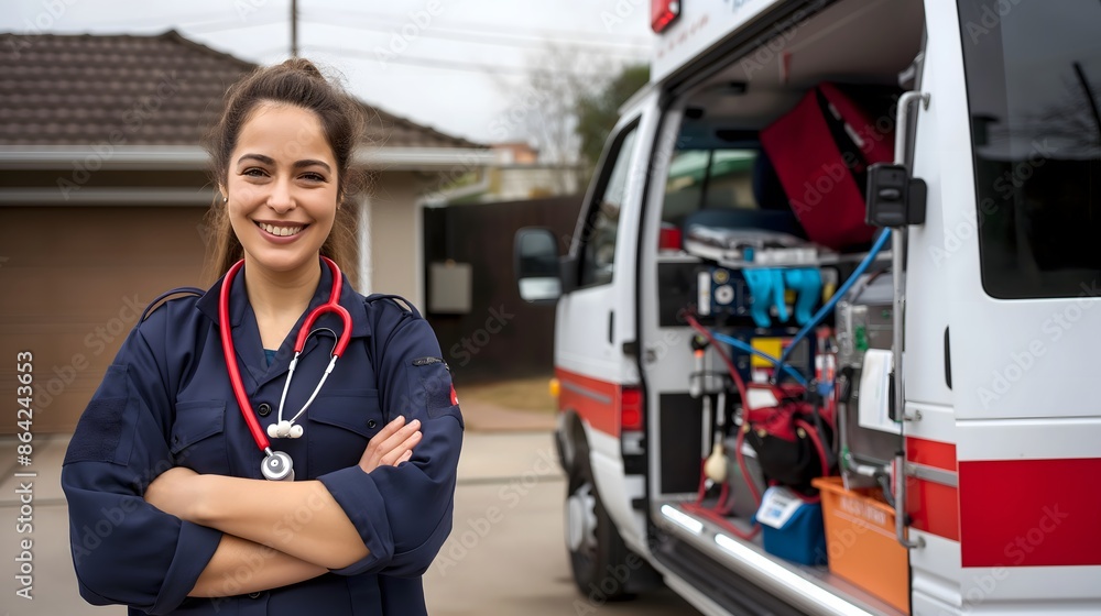 smiling female paramedic standing confidently in front of an ambulance, symbolizing readiness and dedication to helping others in medical emergencies smiling female paramedic standing confidently in front of an ambulance, symbolizing readiness and dedication to helping others in medical emergencies