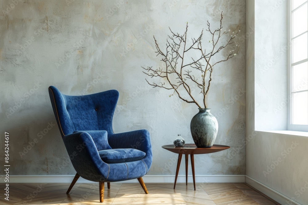 Explore the simplicity of Scandinavian home design with a blue wingback chair and side table showcasing a vase and branch, complemented by a Venetian stucco wall in a modern living room. Explore the simplicity of Scandinavian home design with a blue wingback chair and side table showcasing a vase and branch, complemented by a Venetian stucco wall in a modern living room.