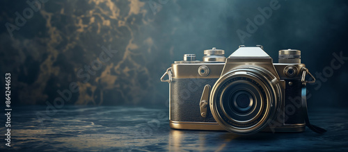 Vintage camera on a reflective surface in a dark moody setting classic photography equipment retro style artistic capture nostalgic film camera timeless elegance professional gear

 photo