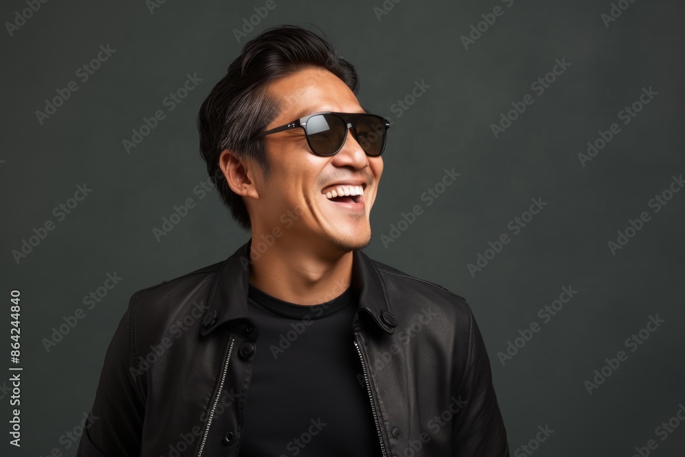 Portrait of a joyful asian man in his 40s wearing a trendy sunglasses in front of modern minimalist interior Portrait of a joyful asian man in his 40s wearing a trendy sunglasses in front of modern minimalist interior