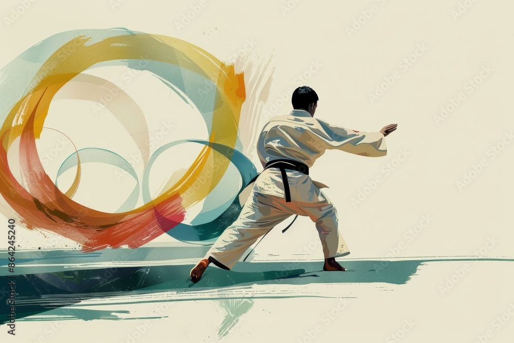 Fototapeta premium Minimalist Judo Illustration Featuring Dynamic Movements and Subtle Olympic Rings Design