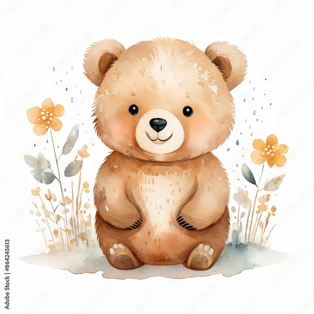 Cute Watercolor Bear with Flowers. Cute Watercolor Bear with Flowers.