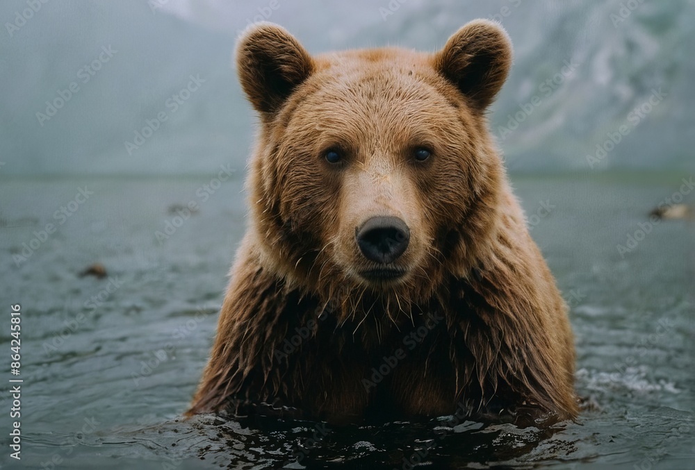 Bear in river water in modern analog photography style Bear in river water in modern analog photography style