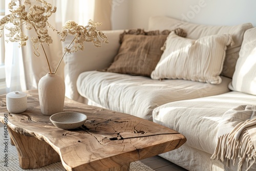 Immerse yourself in the warmth of Japandi interior design with a natural wood rustic coffee table complementing a beige sofa in a modern living room.