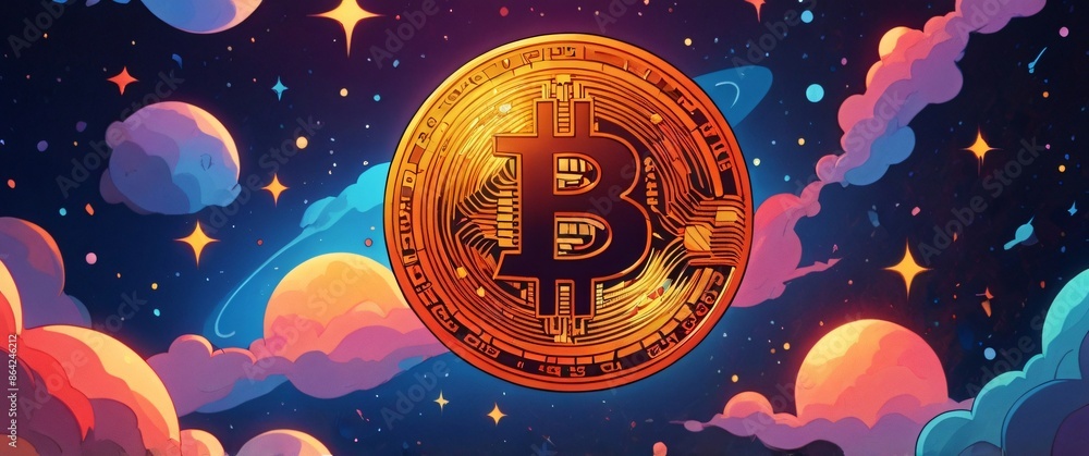illustration bitcoin with starry space background illustration bitcoin with starry space background