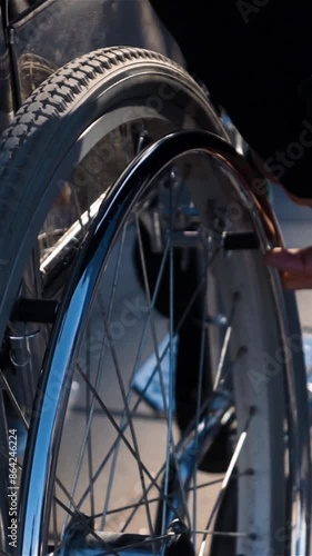 Rear view of a disabled man in wheelchair near business centre with focus on hand. He employee or businessman, moving to his work office. Slow motion shot 250 fps. Vertical shot.