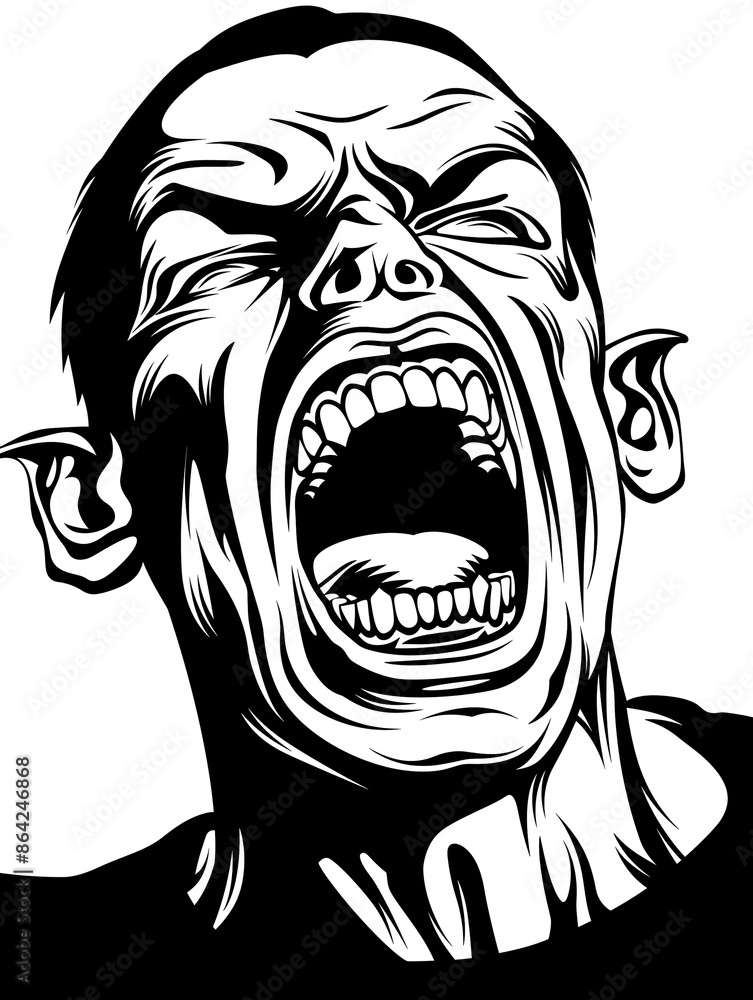 A man with a demonic appearance is screaming. The image is black and white and has a creepy, unsettling feel to it A man with a demonic appearance is screaming. The image is black and white and has a creepy, unsettling feel to it