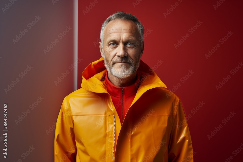 Portrait of a content man in his 50s wearing a vibrant raincoat in front of modern minimalist interior Portrait of a content man in his 50s wearing a vibrant raincoat in front of modern minimalist interior