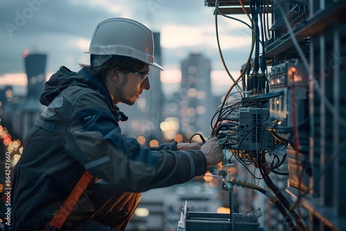 Electrician Working on a Rooftop at Dusk