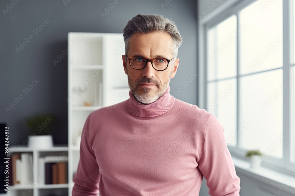 Portrait of a tender man in his 50s wearing a classic turtleneck sweater in modern minimalist interior Portrait of a tender man in his 50s wearing a classic turtleneck sweater in modern minimalist interior