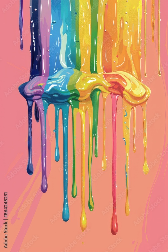 Naklejka premium Colorful dripping paint in rainbow hues on a pink background, creating a vibrant and dynamic abstract art piece.