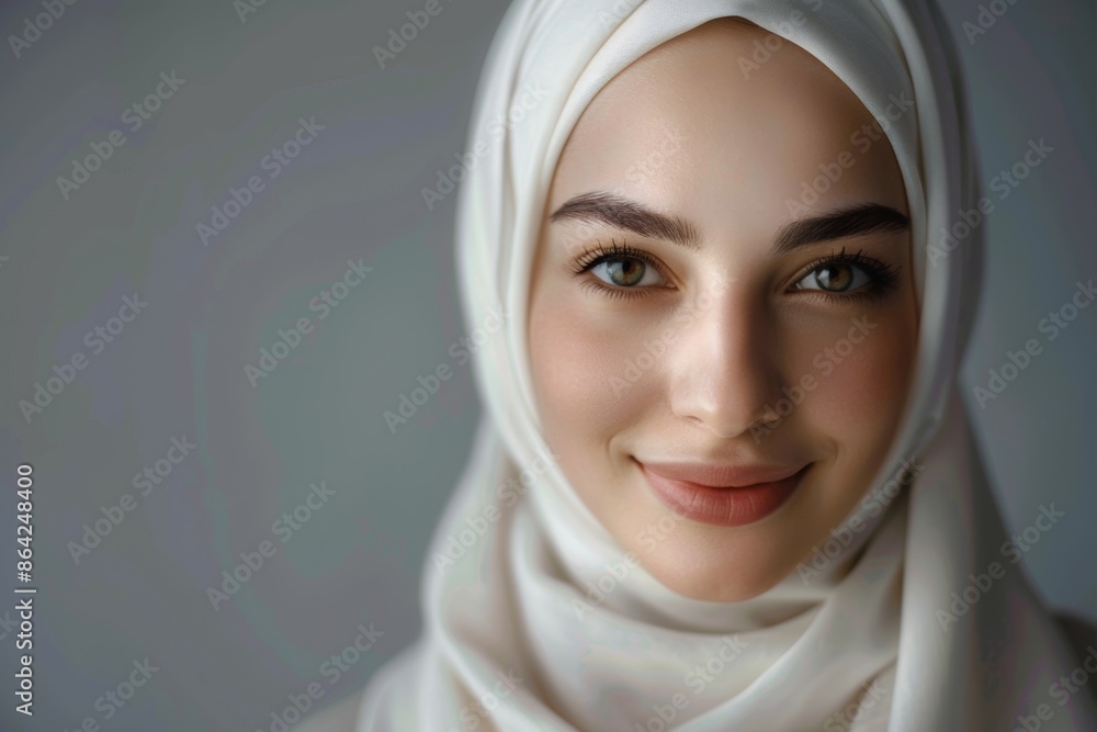 With a gentle smile, a young woman in a white hijab poses for a studio photo, embodying serenity and beauty. With a gentle smile, a young woman in a white hijab poses for a studio photo, embodying serenity and beauty.