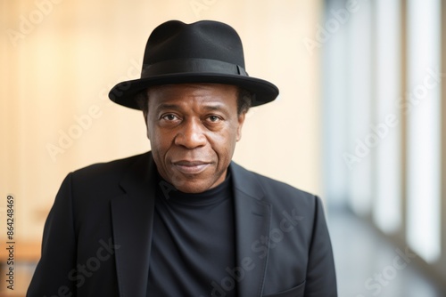Portrait of a grinning afro-american man in his 50s donning a classic fedora isolated in modern minimalist interior