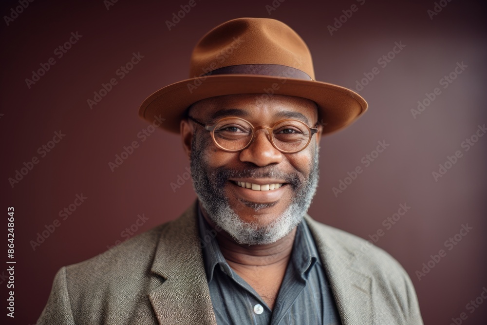 Portrait of a grinning afro-american man in his 50s donning a classic fedora over modern minimalist interior Portrait of a grinning afro-american man in his 50s donning a classic fedora over modern minimalist interior