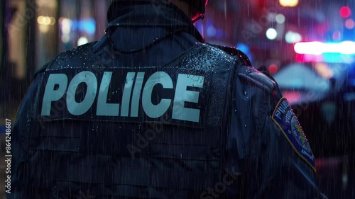 Silhouette of law enforcement officer in special clothing stands surrounded red and blue car-light in the background. A symbolic representation of law enforcement, standing strong in the face of dange photo