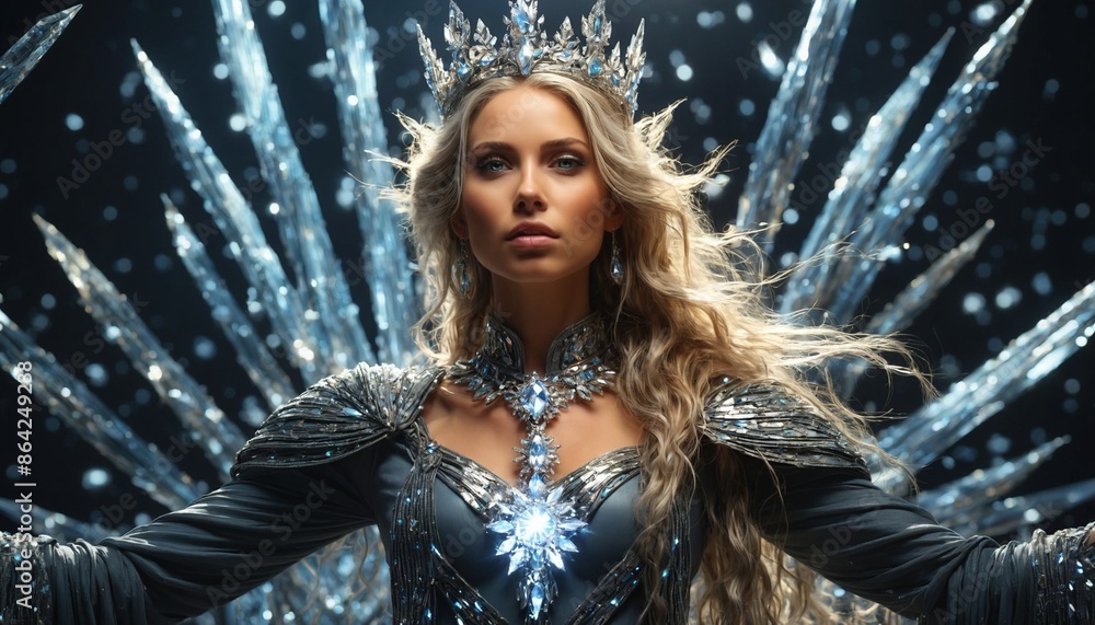 The Ethereal Night Queen, adorned in a stunning silver and crystal ensemble, stands in a circle of glowing crystals, her presence commanding. The Ethereal Night Queen, adorned in a stunning silver and crystal ensemble, stands in a circle of glowing crystals, her presence commanding.