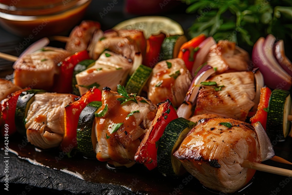 Delicious grilled chicken skewers with colorful vegetables on a slate plate, garnished with fresh herbs and ready to eat. Delicious grilled chicken skewers with colorful vegetables on a slate plate, garnished with fresh herbs and ready to eat.