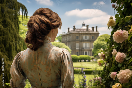 Regency Era Young Woman Seen from Behind Admiring Grand Estate and Garden in Bloom. photo