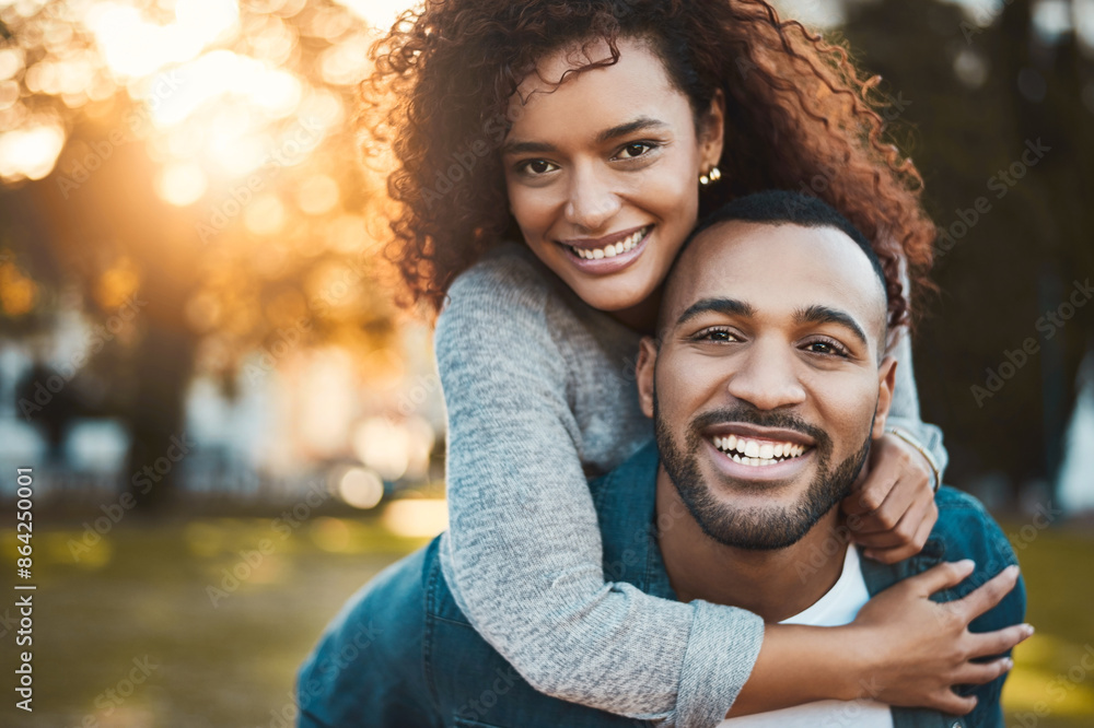 Nature, piggyback and portrait of couple with love, care and bonding together in outdoor park. Smile, marriage and young man and woman embracing and having fun on date in field or garden in Mexico. Nature, piggyback and portrait of couple with love, care and bonding together in outdoor park. Smile, marriage and young man and woman embracing and having fun on date in field or garden in Mexico.
