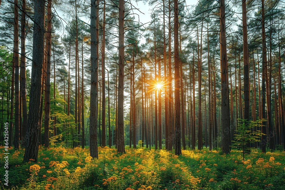 Fototapeta premium Realistic shot of tall trees in a forest with sunlight filtering through, creating dappled shadows on the ground
