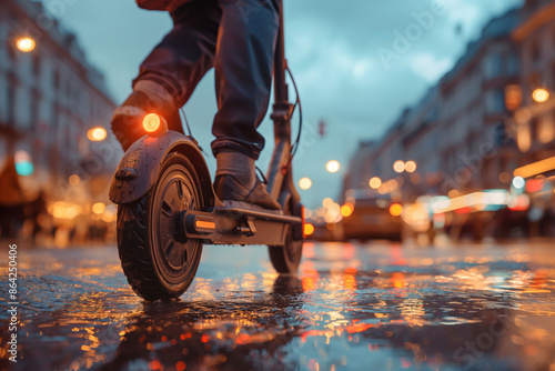 Rider on Electric Scooter Close-Up on Wet Evening City Street with Blurred Lights.