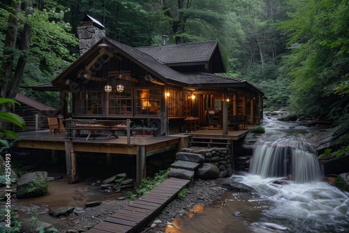 Rustic Cabin by a Waterfall in a Forest - Perfect Nature Escape Retreat for Relaxation and Tranquility © spyrakot