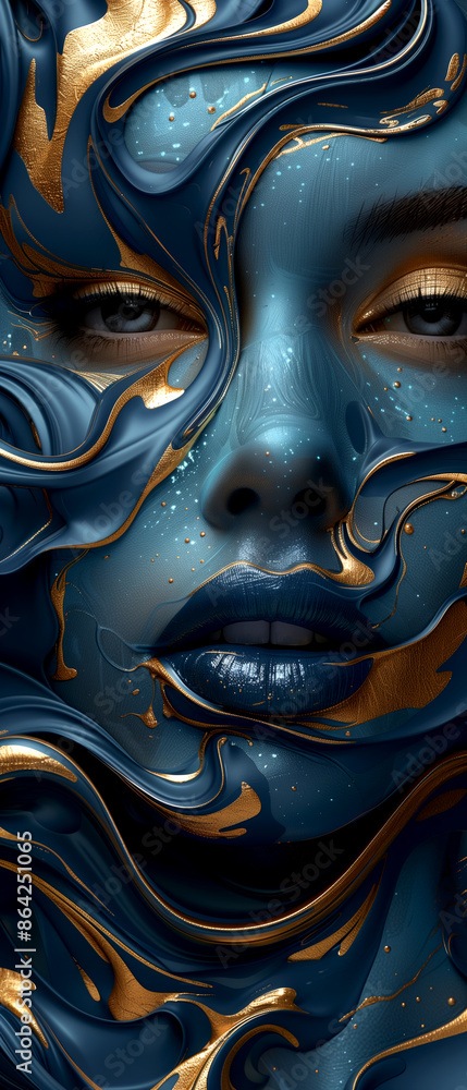 A woman's face is painted with gold and blue colors, giving it a surreal and dreamy appearance A woman's face is painted with gold and blue colors, giving it a surreal and dreamy appearance