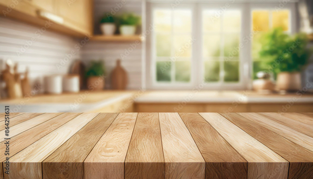 Wood table top on blur kitchen counter background. Wood table top on blur kitchen counter background.