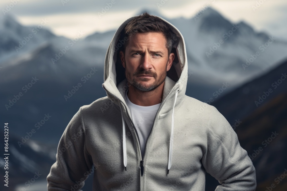 Portrait of a merry man in his 40s sporting a comfortable hoodie in snowy mountain range Portrait of a merry man in his 40s sporting a comfortable hoodie in snowy mountain range