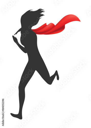 Woman superhero silhouette with scarlet fabric silk cloak. Mantle costume or cover cartoon vector illustration