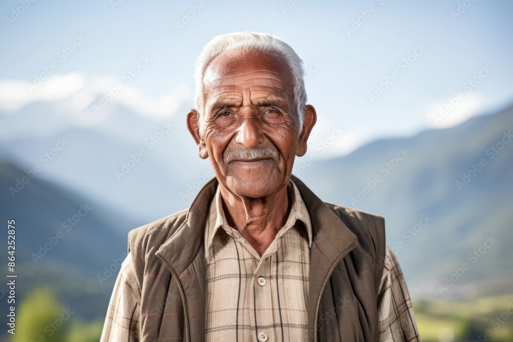 Portrait of a glad indian elderly man in his 90s wearing a sporty polo shirt isolated on snowy mountain range Portrait of a glad indian elderly man in his 90s wearing a sporty polo shirt isolated on snowy mountain range