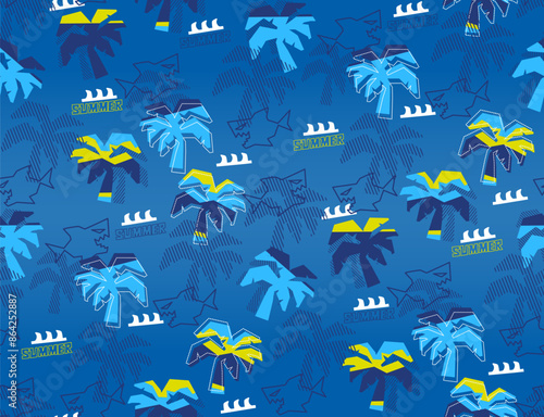 Summer tropical beach seamless background with fierce shark on blue gradient background illustration vector.