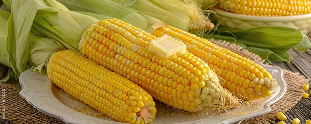 Three fresh corn cobs with butter on a white plate, placed on a rustic table. Perfect for summer meals and agricultural themes. Three fresh corn cobs with butter on a white plate, placed on a rustic table. Perfect for summer meals and agricultural themes.