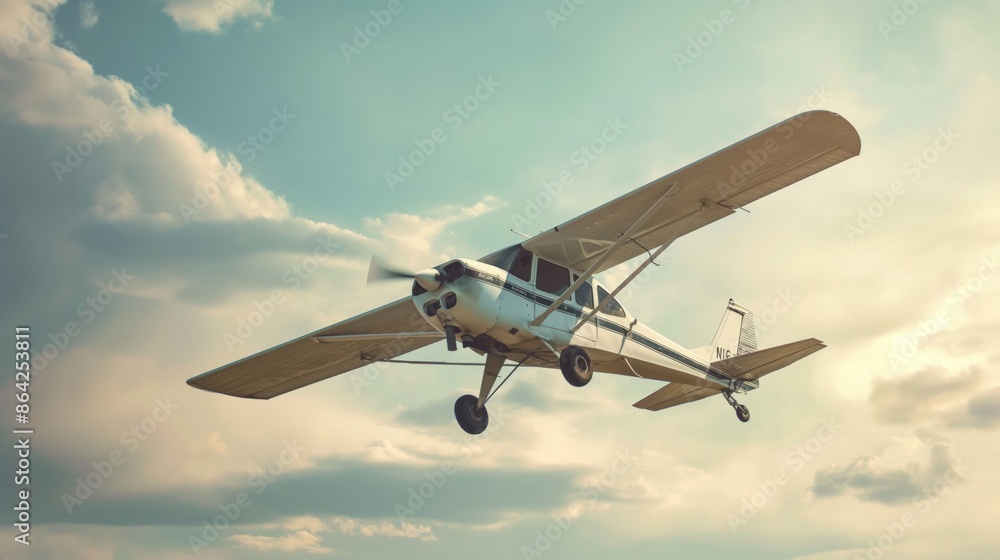 Fototapeta premium A small light-engine airplane flying high in the sky