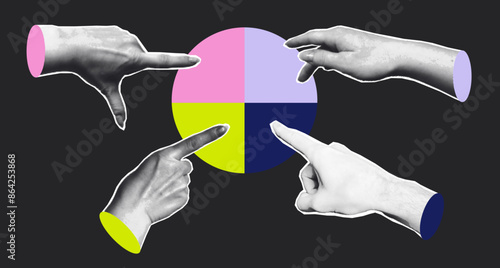 Halftone business collage of four hands in vibrant colors, each pointing towards a segmented colorful circle on a dark background. Conceptual and modern
