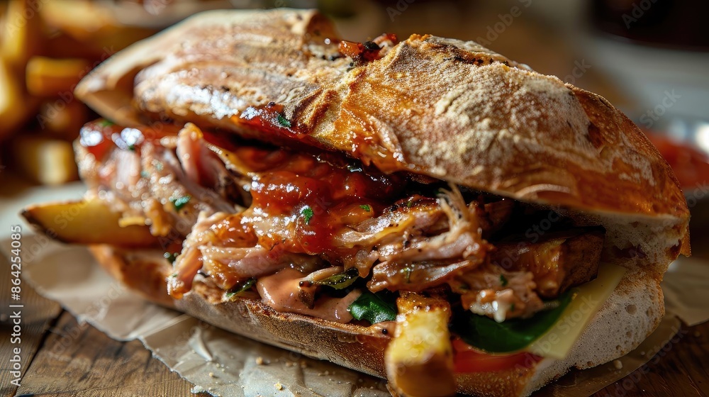Delicious pulled pork sandwich with barbecue sauce and fresh vegetables, served on a rustic bread roll. Perfect for a tasty meal or snack. Delicious pulled pork sandwich with barbecue sauce and fresh vegetables, served on a rustic bread roll. Perfect for a tasty meal or snack.