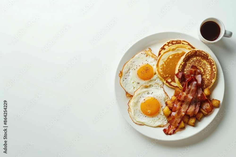 custom made wallpaper toronto digitalA top down view of a full American breakfast on a white background with plenty of space for additional images The breakfast includes sunny side up fried eggs crispy bacon hash browns fluffy pancakes